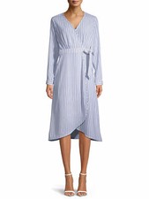 Time and Tru Wrap Dress Women's Size M Blue Stripes Long Sleeve Midi     --CH1--