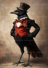 ELEGANT VICTORIAN CROW ART PRINT, Tophat Animal Bird Decor, Raven Poster F852
