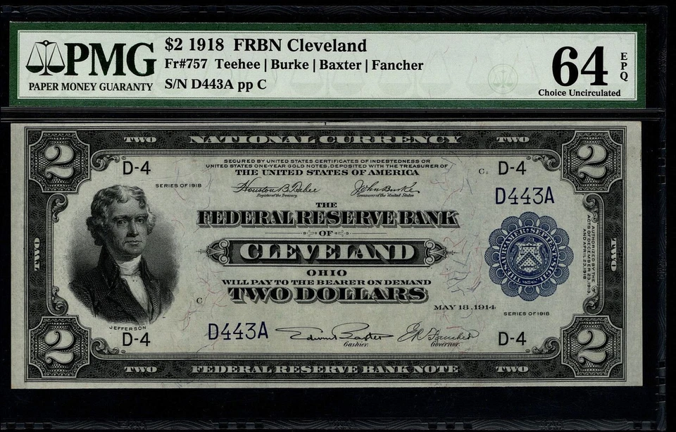 Billete de 2 dólares de la Reserva Federal de 1918 Cleveland acorazado PMG 64 EPQ fr. 757 (BBHG)