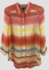 i.n. studio womans large L sheer blouse 3/4 length roll tab sleeve pink yellow