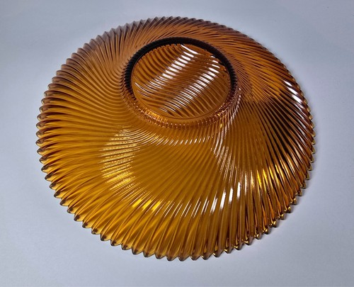 Vintage Amber Glass Bowl 11.5” France | Ribbed Optic Swirl | Mid Century Modern - Picture 6 of 7