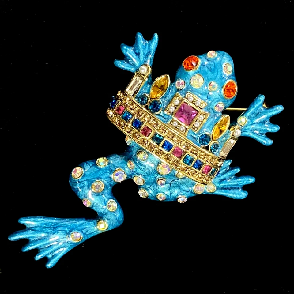 Heidi Daus Brooch PRINCE OF SPARKLE Frog Pin Swarovski Crystals and Enamel Large