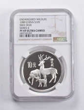 PF69 UCAM 1989 China 10 Yuan Silver Endangered Wildlife Sika Deer II NGC *4862