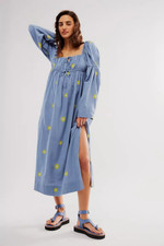 NEW FREE PEOPLE $168 BLUE COMBO EMORY EMBROIDERED MIDI DRESS SZ XS EXTRA SMALL