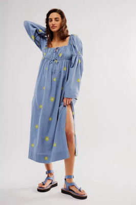 NEW FREE PEOPLE $168 BLUE COMBO EMORY EMBROIDERED MIDI DRESS  SZ XS EXTRA SMALL