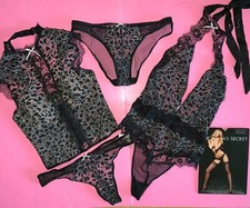 Victoria's Secret 36C CORSET TOP L thong M panty TEDDY Bodysuit BLACK beige LACE