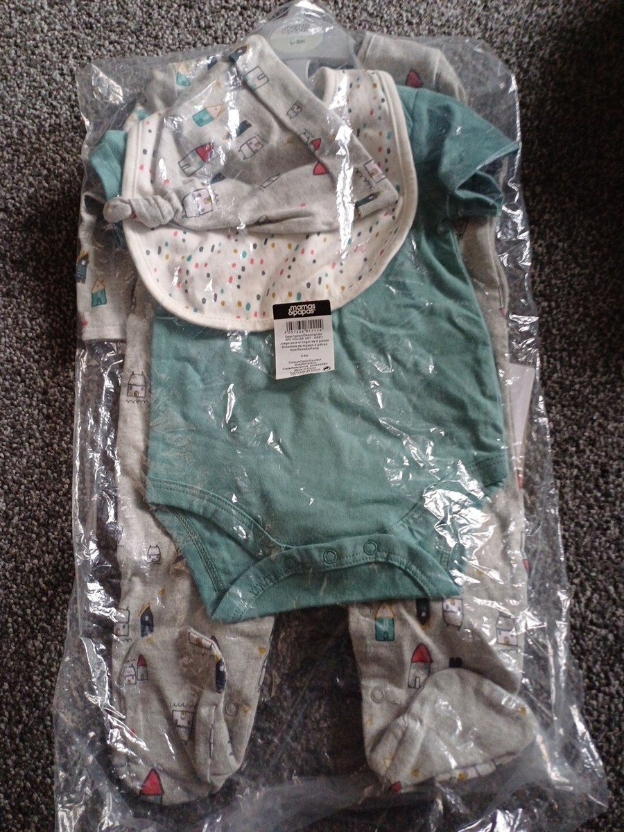 Mamas Papas 4pc House Set Baby Grow Bib, Vest, Hat Sizs 0-3 For