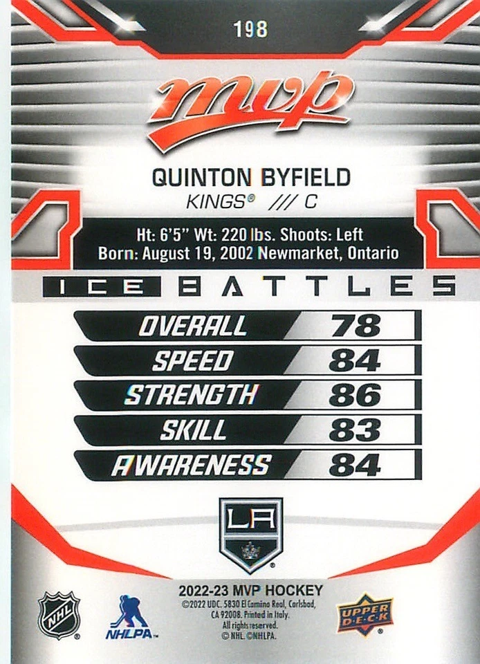 2022-23 Upper Deck MVP - #198 Quinton Byfield ICE BATTLES PARALLEL HOCKEY CARD - Image 2 of 2