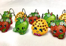 SHOPKINS Kids Shower Curtain Hooks Set of 12 Bath Decor Red Green Yellow
