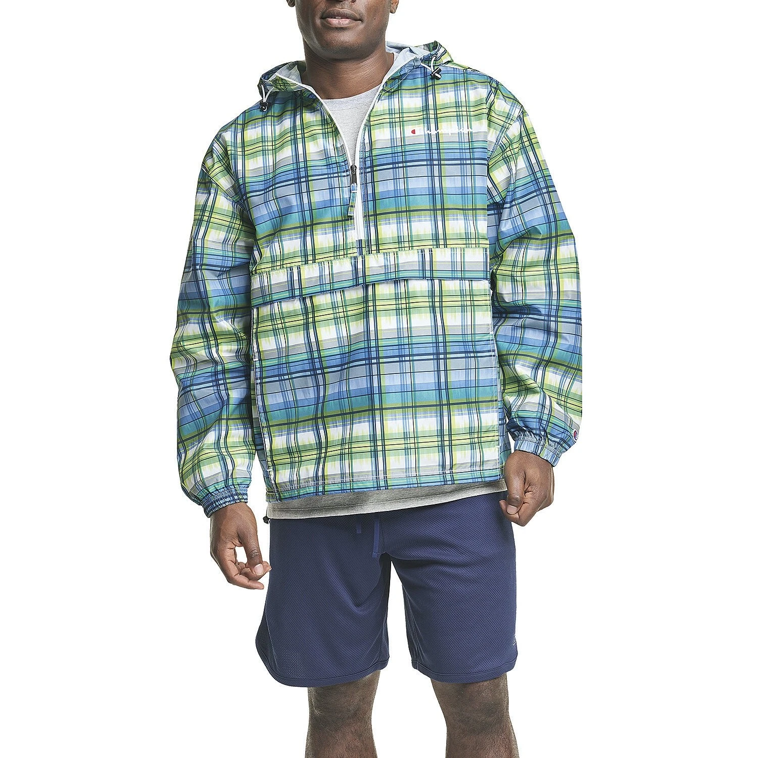 Champion Men's Packable Plaid Printed 1/4 Zip Hooded Windbreaker Jacket US S NEW