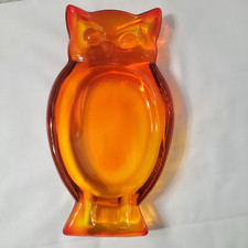 Vintage MCM Retro Viking Glass Orange Owl Art Ashtray Trinket Dish Ash Tray Vtg