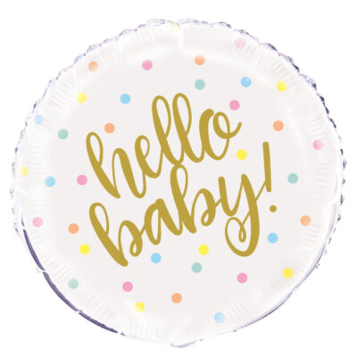 ''Hello Baby'' Gold Babyparty runder Folienballon 18 Zoll