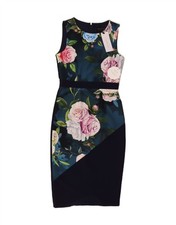 VINTAGE Womens Sleeveless Bodycon Dress UK 8 Small Navy Blue Floral DT46