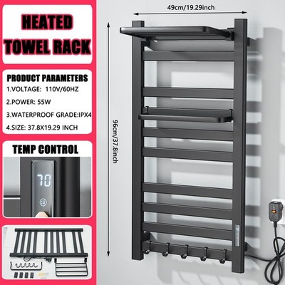 Black Heated Towel Rack Bathroom Towel Warmer Wall Mount Electric Towel Bar Set