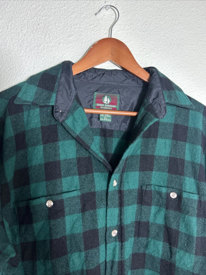 Camisa De Colección High Sierra By Mervyns Verde Negro Franela A Cuadros Grande Lana Nylon Foto 3 de 4