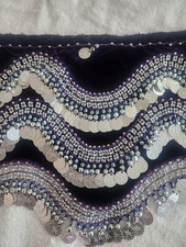 Purple Velvet Belly dancing Hip Scarf W/ Silver Shimmer Coins  Evil Eye Beading