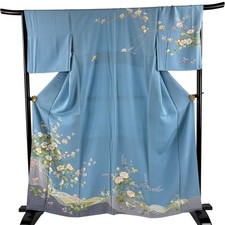 JAPANESE KIMONO HOMONGI LIGHT BLUE 162cm 5 ft 4 in PURE SILK AA9315