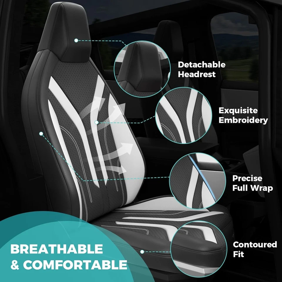 Juego completo de fundas de asiento para Tesla Cybertruck blanco y negro - cuero PU envoltura completa... Foto 4 de 4