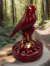 1940s Nor-So Burgundy Bird Ceramic Flower Frog 22 KT Gold Accent 12 Holes 6.25”H