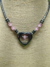 Black Beaded Heart Necklace With Pink And Silver Accents