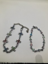 Lot Of 2 Silvertone Christian Cross Colorful Costume Bracelets