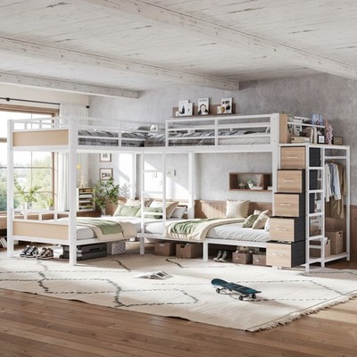 Quad Twin Metal Bunk Bed with Storage Drawers, 4 Twin Bed Frame with Wardrobe