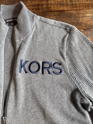 Sz L Mens Michael Kors Grey Long Sleeve Full Zip Sweater 100% Cotton