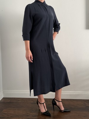 MAX MARA Size 10 Navy Silk Midi Shirt Dress Pura Seta