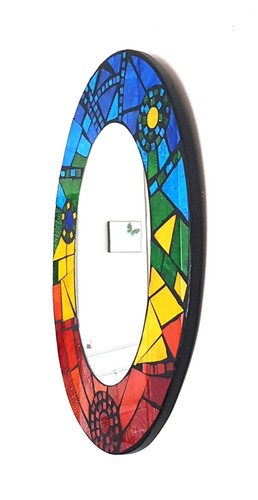 Espejo de Pared Mosaico Ovalado, Diseño Arco Iris Azul Rojo Hecho a Mano en Bali, 41cm NUEVO - Imagen 3 de 6