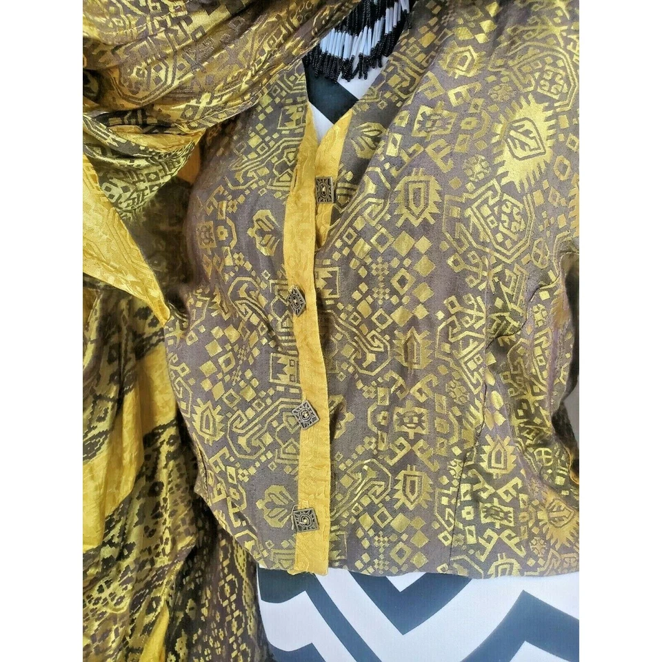 Rare Vintage 90s Sue Wong Viscose Dress Skirt Set Tribal Gold Outfit Large - Image 2 of 4