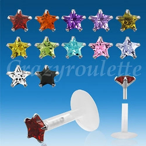 Stern Bioflex Labbra Piercing Labret 925 Argento Spina Cristallo Zircone Ø3 ,5mm