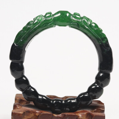 57mm Natural Black Green Jadeite Jade Bangle Bracelet Dragons Loong 13679