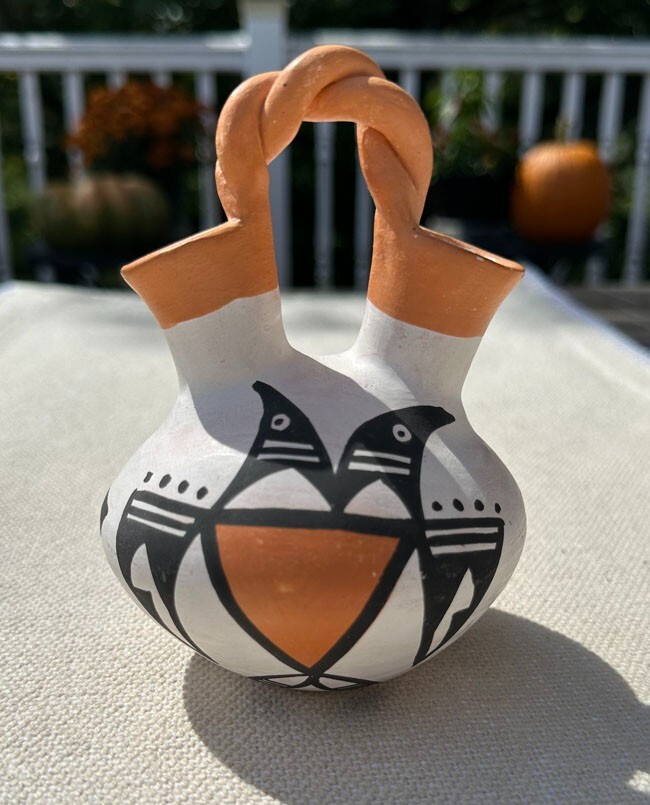 Acoma Pueblo New Mexico Pottery Braided Handle Wedding Vase Bird