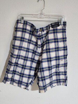Tommy Hilfiger TH Flex Stretch FlatFront Dark Blue Plaid Shorts Men s Size 35