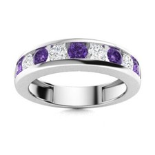 3MM Round Natural Amethyst 925 Sterling Silver Half Eternity Women Wedding Ring