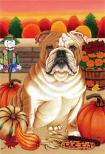 English Bulldog GARDEN FLAG dog art AUTUMN gourd thanksgiving halloween artist