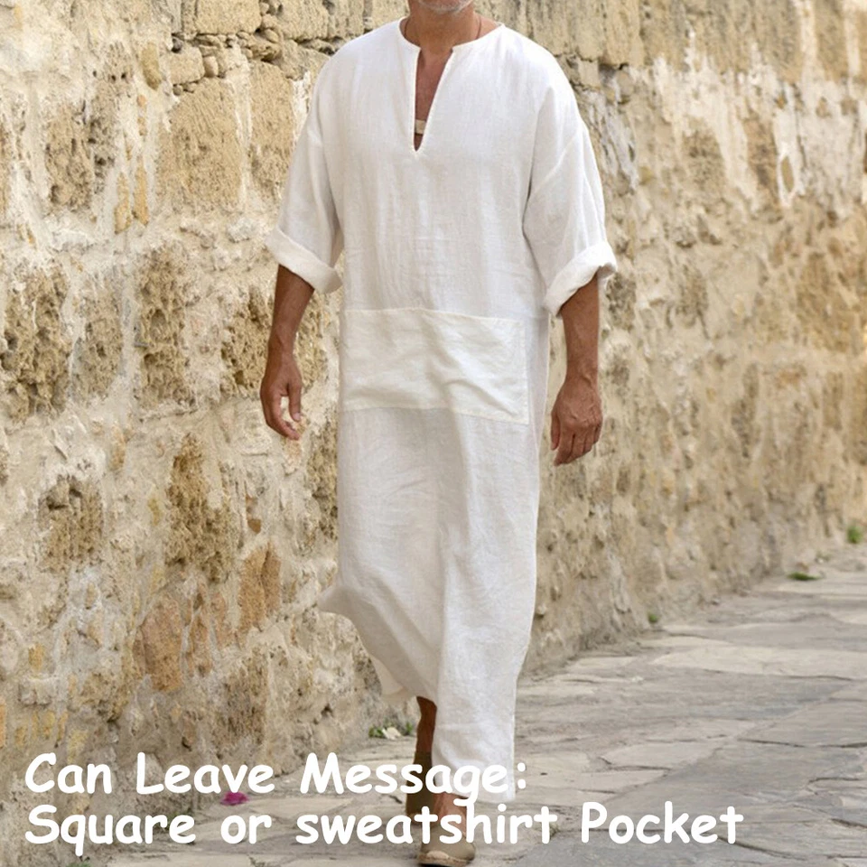 Vestido largo de lino de algodón islámico árabe retro de color liso para hombre talla grande Foto 3 de 4