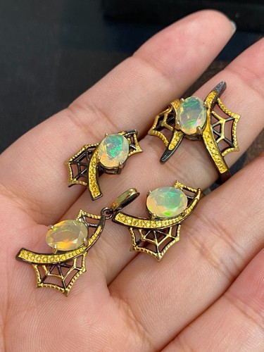 NATURAL FIRE OPAL 6X8 SET STERLING SILVER925 RING EARRING PENDENTS - 第 3/14 張圖片