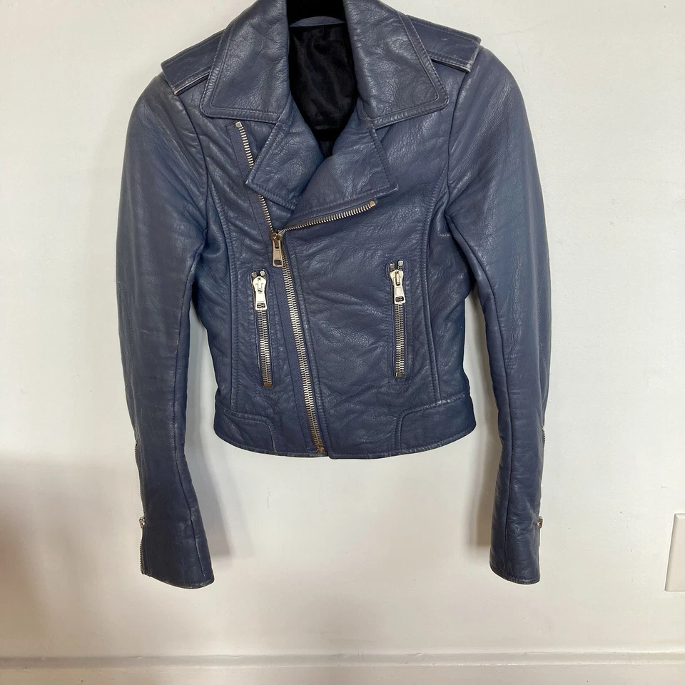 BALENCIAGA Woman's Leather Moto Bike Jacket in Gray, size FR34/XS/US 2 - Image 3 of 4