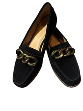 Crown Vintage Black Lastro Loafer Suede Leather with Chunky Chain Detail Size 7M