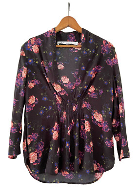 IRO Paris Tunic Blouse Black Floral Print Long-Sleeved V Neck Sz 34/US 4