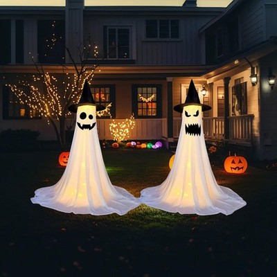 Decorazioni Halloween Luminose – 2 Fantasmi Appesi Con LED E 8 Modalità, Impermeabili, 105×35,5 Cm