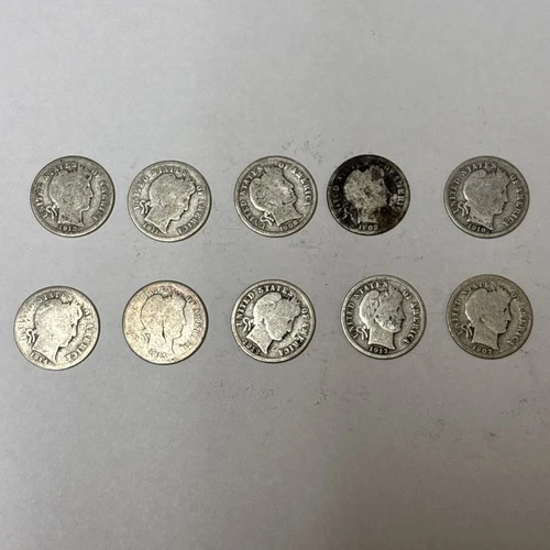 Lot Of 10 Barber Dimes - Various Dates & Mints - 90% Silver Good quality #189