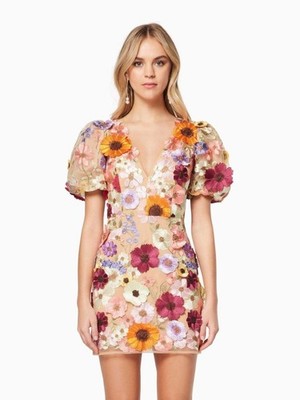 ELLIATT Rosalind 3D Floral Applique Mesh Puff Sleeve Mini Dress Multi XXS $370