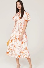 Eudon Choi Women's Red Orange Floral Puff Sleeves Cotton Midi Dress Size 8 FLAW