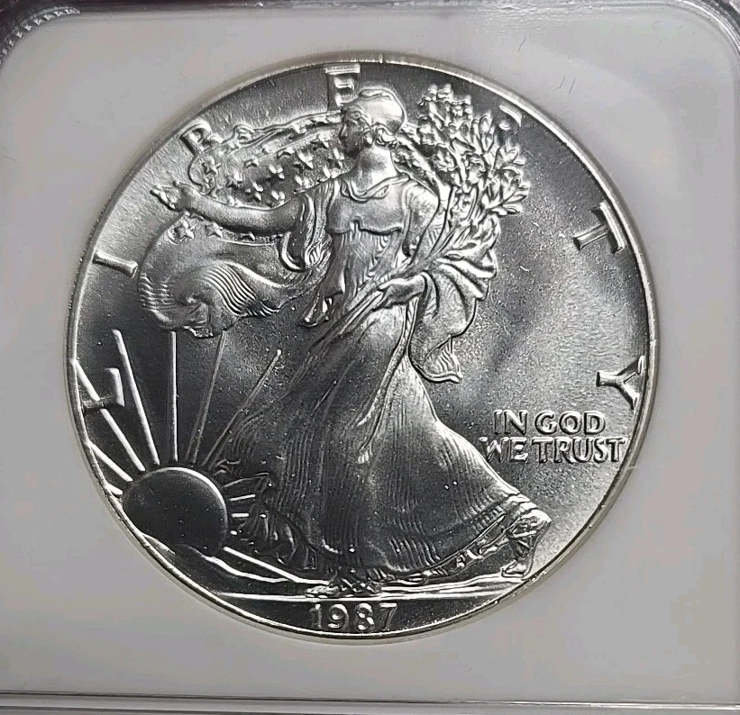 1987 $1 American Silver Eagle Error everse Struck Through NGC MS-69 - Image 3 of 4