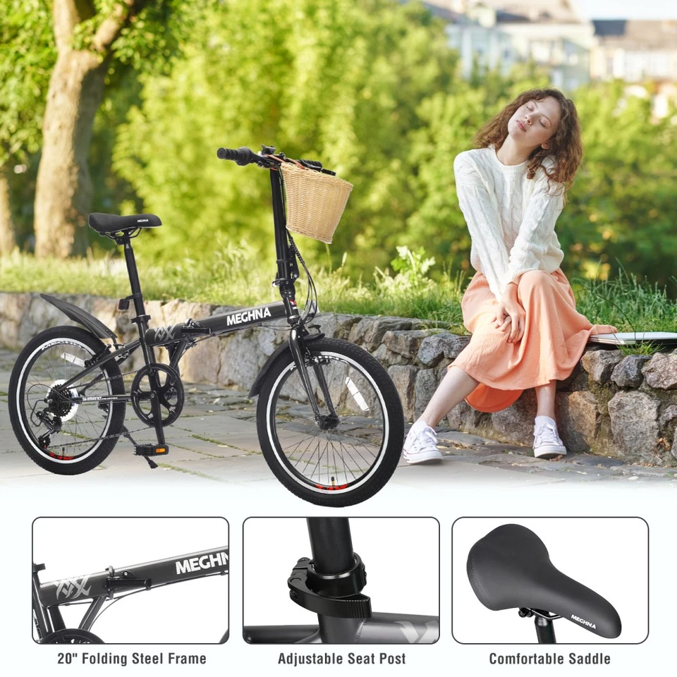 Bicicleta Plegable 20 Pulgadas para Adultos con Cesta Soporte Teléfono Guardabarros Foto 2 de 4