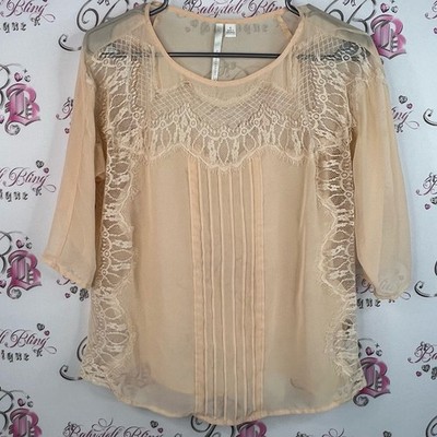 LC Lauren Conrad long sleeve lace Lacie floral peach white Cream Lace Blouse