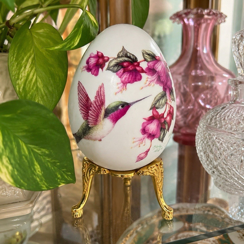 Ceramic Decorative Egg Figurine with Hummingbird & Pink Flowers on Stand