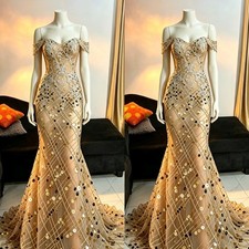 Mermaid Evening Dress Gold Sequins Beaded Lace Formal Prom Wedding Guest Gown